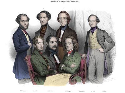 Galerie de la Gazette musicale N. 2. Berühmtheiten von 1842: Frederic Chopin, Franz Liszt, Jacob Rosenhain, Edouard Wolff, Sigismund Thalberg, Adolf von Henselt, Theodor Dohler. Gravur von Nicolas von Nicolas Eustache Maurin