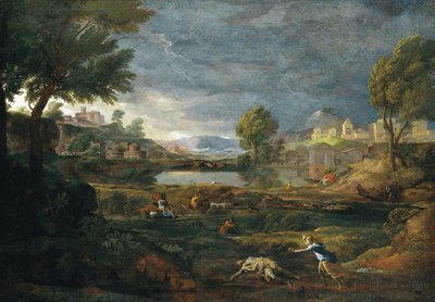 Landschaft während eines Gewitters mit Pyramus und Thisbe von Nicolas Poussin