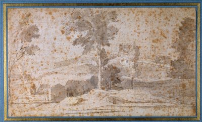 Landschaft mit einem großen Baum in der Mitte und einem Belvedere von Nicolas Poussin