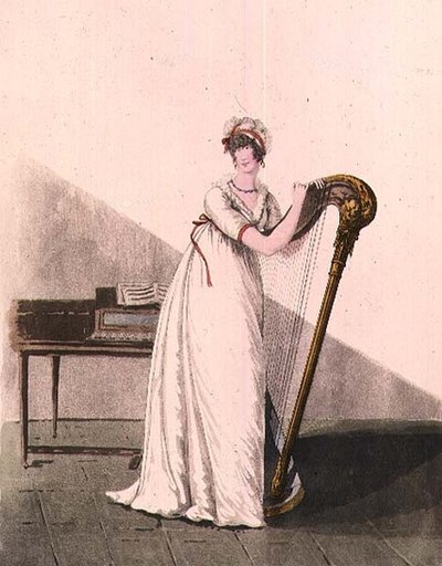 Junge Frau mit einer Harfe aus Heideloffs "Galerie der Mode", frühes 19. Jahrhundert (farbige Gravur) von Nicolaus von Heideloff