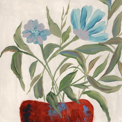 Blaue Blumen Roter Topf von Nikita Jariwala