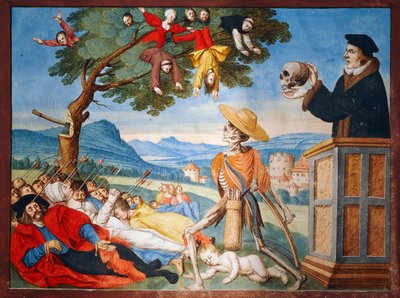 Der Tod geht mit seiner Sense in Aktion und die Menschen fallen wie tote Blätter, Predigt von Memento Mori aus dem Totentanz-Zyklus von Albrecht Kauw von Niklaus Manuel