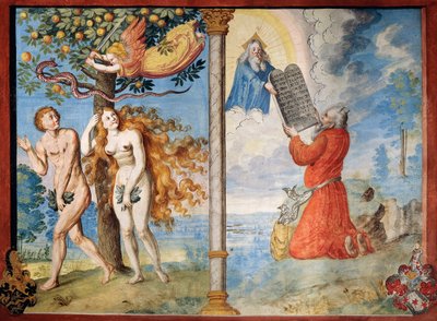 Vertreibung von Adam und Eva aus dem Paradies und Moses empfängt die Tafeln, aus dem Totentanzzyklus von Albrecht Kauw von Niklaus Manuel