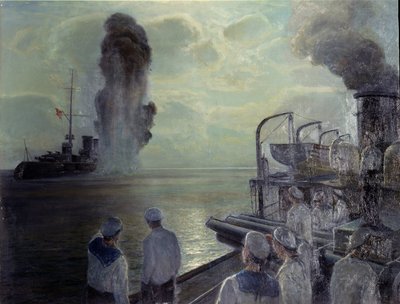 Russische Revolution von 1917: Die russische Schwarzmeerflotte versenkt am 18. Juni 1918 ihre eigenen Schiffe. von Nikolai Evlampievich Bublikov