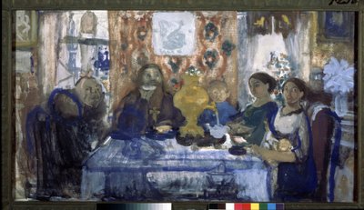 Tee trinken. Eine Familie versammelt sich um einen Tisch mit einem Samowar in der Mitte von Nikolaj Nikolaevic Sapunov