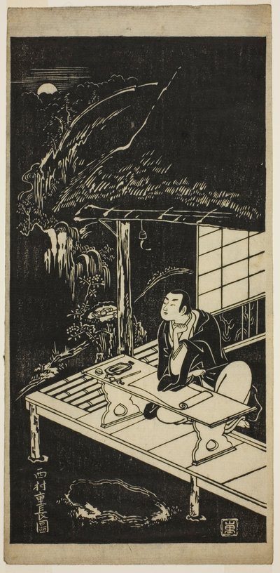 Mann in Strohhütte, der den Mond betrachtet von Nishimura Shigenaga