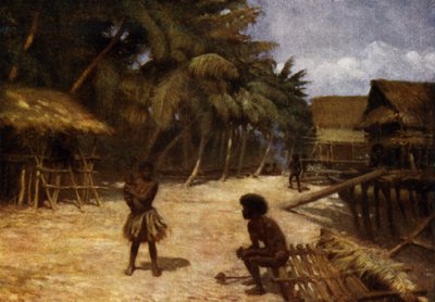 Motu-Dorf, Port Moresby, Britisch-Neuguinea (Farblithografie) von Norman Hardy