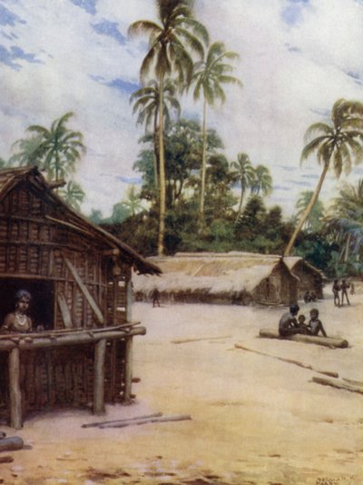 Salomonen-Dorf, in der Nähe von Marau Sound, Neu-Florida (Farblithografie) von Norman Hardy