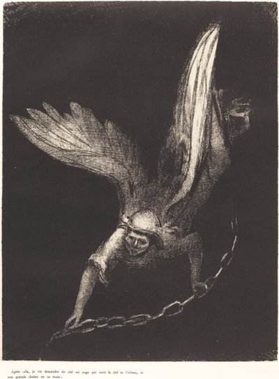 Und ich sah einen Engel vom Himmel herabsteigen, der den Schlüssel zum Abgrund und eine große Kette in seiner Hand hatte von Odilon Redon