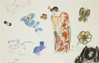 Studienblatt: Frau, Blumen und Tiere von Odilon Redon