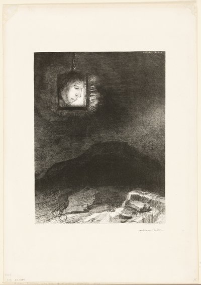 Prekäres Glitzern, ein Kopf, der von der Unendlichkeit hängt, Platte 3 von 6 von Odilon Redon
