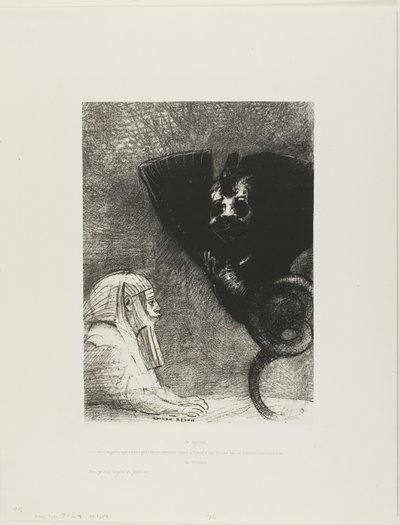 Die Sphinx: "...mein Blick, den nichts ablenken kann, bleibt durch Objekte hindurch auf einen unerreichbaren Horizont gerichtet." Die Chimäre: "Was mich betrifft, ich bin leicht und fröhlich," Tafel 5 aus An Gustave Flaubert von Odilon Redon