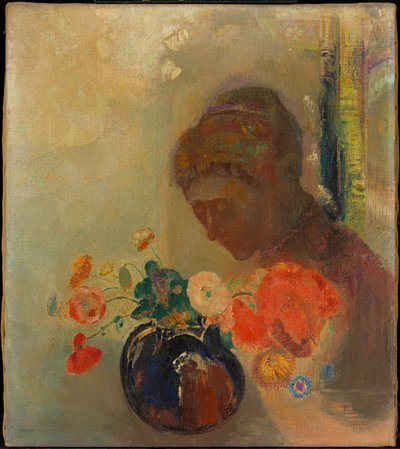 Frau mit einer Vase voller Blumen von Odilon Redon
