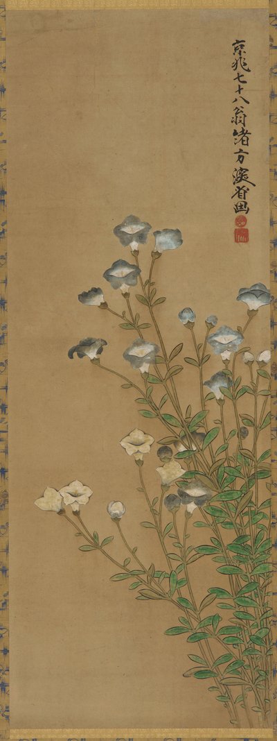 Blaue und weiße Blumen auf schlanken Stielen, Edo-Periode von Ogata Kenzan