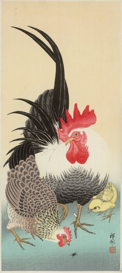Hahn, Henne und Küken mit Ameise (Farbholzschnitt) von Ohara Koson