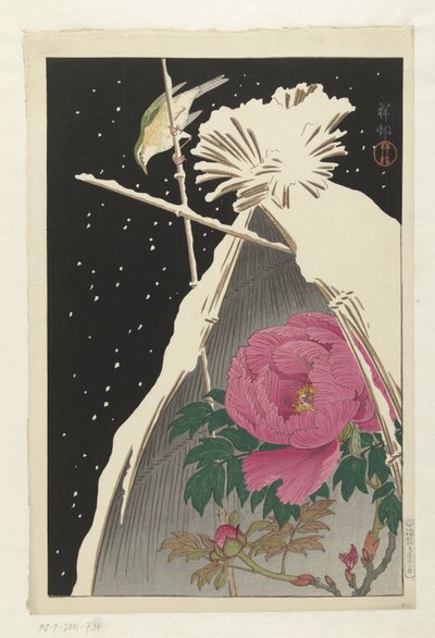 Sibirische Blaukehlchen neben einer Pfingstrose, geschützt von einem schneebedeckten Heuhaufen von Ohara Koson