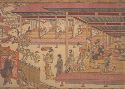 Ein Mann vor dem Tor eines großen Hauses von Okumura Masanobu