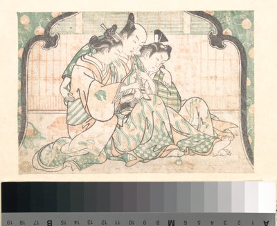 Ein junger Mann zwischen zwei Frauen sitzend von Okumura Masanobu