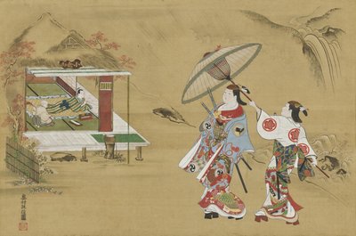 Anspielung auf Fujiwara no Teikas Hütte am Berg Ogura von Okumura Masanobu