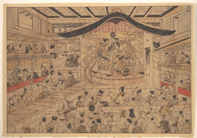 Perspektivansicht (uki-e) eines Kabuki-Theaters mit einer Aufführung von „Die Wappenmuster der Soga-Brüder und Nagoya Sanza“ (Mon-zukushi Nagoya Soga) von Okumura Masanobu