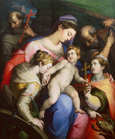 Die Heilige Familie mit den Heiligen Margareta, Katharina und Franziskus von Orazio Samacchini