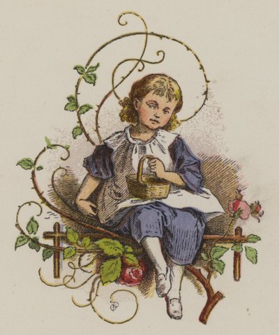 Kleines Mädchen sitzt und hält einen Korb (Farblithografie) von Oskar Pletsch