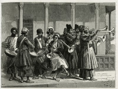 Musiker begrüßen den Sonnenaufgang in Isfahan (Iran). Gravur von Tofani, zur Illustration der Geschichte „Persien, Chaldäa und Susiane“. von Oswaldo Tofani
