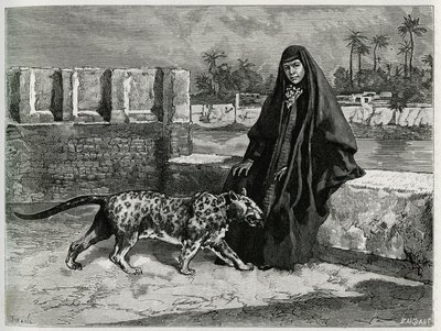 Torkan Khanoum, Favoritin von Scheich Moses, mächtiger Stammesführer von Arabistan mit seiner Panther. Gravur von Tofani, zur Illustration der Geschichte „Persien, Chaldäa und Susiane“ von Oswaldo Tofani