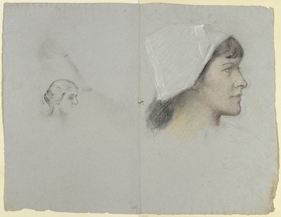 Kopf einer jungen Frau mit Haube im Profil nach rechts von Otto Scholderer