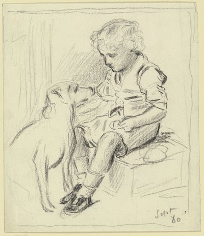 Sitzender Junge mit sitzendem Hund von Otto Scholderer