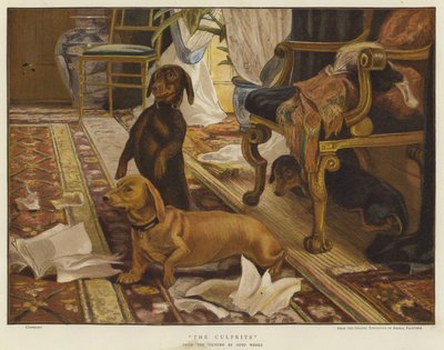 Drei Dackel um einen Stuhl im Wohnzimmer (Farblithografie) von Otto Weber