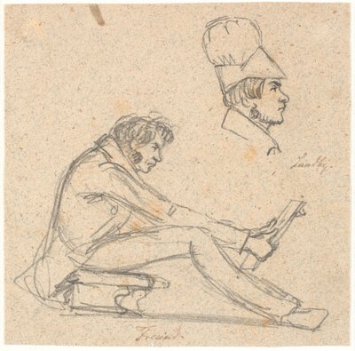 H.E. Freund sitzt auf einem Schemel und betrachtet eine Zeichnung. Oben rechts Profilporträt von J. Th. Lundbye. von P.C. Skovgaard