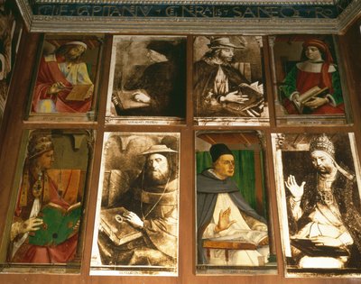 Das Studium von Federigo da Montefeltro, Herzog von Urbino, im Uhrzeigersinn von TL: Euclides von Megara, griechischer Philosoph (450-374 v. Chr.); Vittorino da Feltre, italienischer Pädagoge (1378-1446); Solon, athenischer Gesetzgeber von P. Joos van Gent and Berruguete
