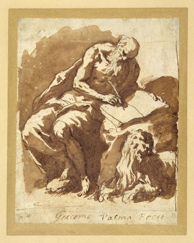 St. Hieronymus sitzt auf einem Felsen und schreibt von Palma Il Giovane