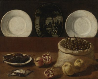 Stillleben mit Tellern, einem Sack voller Oliven, Wild, Granatäpfeln und Quitten von Paolo Antonio Barbieri