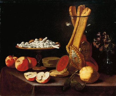 Süßigkeiten auf einer Tazza, Narzissen in einer Glasvase, Brotstangen in einem Glas und Äpfel, Gelee und eine Zitrone auf einem drapierten Tisch von Paolo Antonio Barbieri