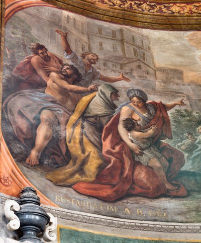 Fresken von Paolo de Matteis aus dem Jahr 1714 an der Decke und am Trommel, die das Leben des Heiligen darstellen, Kapelle von San Cataldo in der Kathedrale, Taranto, Italien von Paolo di Matteis