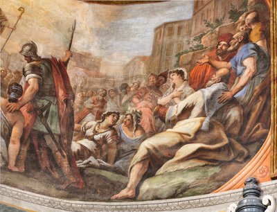Fresken von Paolo de Matteis aus dem Jahr 1714 an der Decke und der Trommel, die das Leben des Heiligen darstellen, Kapelle von San Cataldo in der Kathedrale, Taranto, Italien von Paolo di Matteis