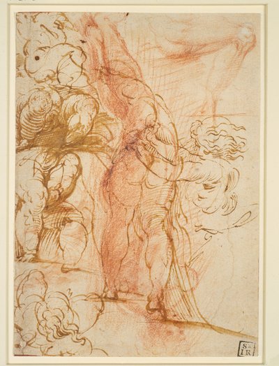 Mehrere Beinstudien von Putten, einwärts laufender Männerakt, Beinstudie und stehende Figur von Parmigianino