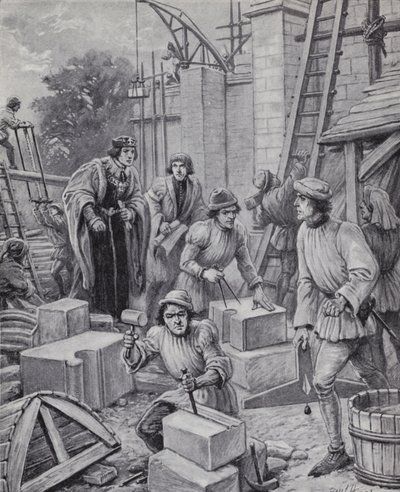 König Heinrich VI. überwacht den Bau des von ihm 1440 gegründeten Eton College von Paul (after) Hardy