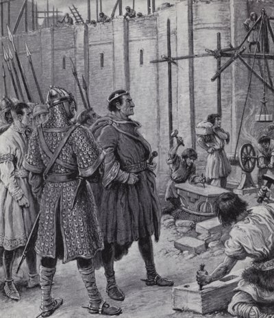 Wilhelm der Eroberer beaufsichtigt den Bau des Tower of London (Lithografie) von Paul (after) Hardy