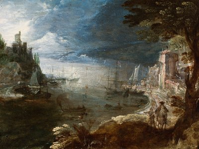 Ein Reiter auf einer Straße über einem Hafen von Paul (circle of) Brill or Bril