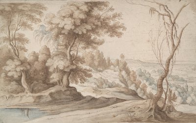 Landschaft mit Bäumen und Blick ins Tal von Paul Bril