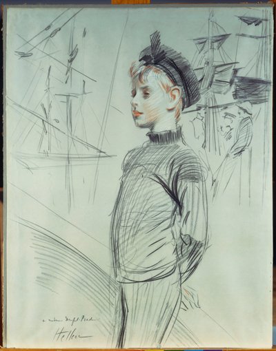 Porträt eines jungen Jungen mit Matrosenhut und Rollkragen, mit Schiffen im Hintergrund von Paul Cesar Helleu