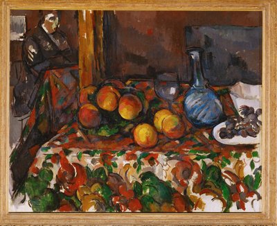 Stillleben mit Pfirsichen, Karaffe und Figur von Paul Cezanne