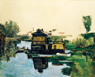 Schwimmende Häuser auf einem Fluss von Paul Cézanne