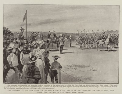 Die Militärparade und Inspektion der Streitkräfte von New South Wales durch den Gouverneur Sir Robert Duff und Generalmajor Hutton im Centennial Park, Sydney von Paul Destez