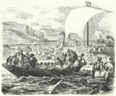 Phönizische Schiffe landen an einer Küste (Gravur) von Paul Dominique Philippoteaux