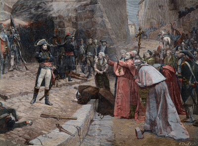 Die Belagerung von Pavia nach dem Gemälde von Boutigny - Erste Koalition: Aufstand der Bevölkerung von Pavia (Italien) gegen die französischen Truppen Napoleons am 23. und 24. April 1796 während des ersten Italienfeldzugs (1796-1797) nach dem Gemälde von P von Paul Émile Boutigny