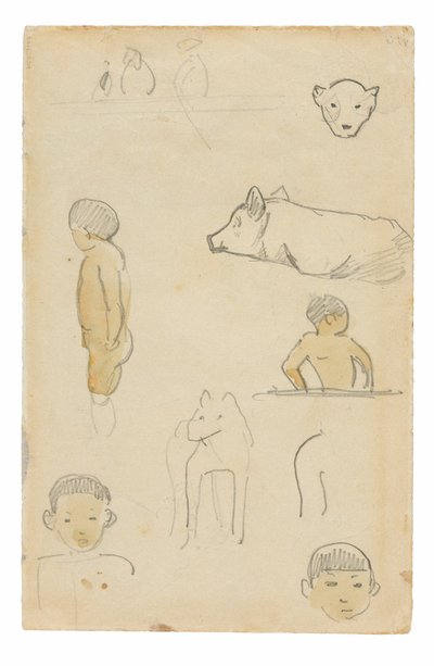 Skizzen von stehenden Figuren und Tieren von Paul Gauguin